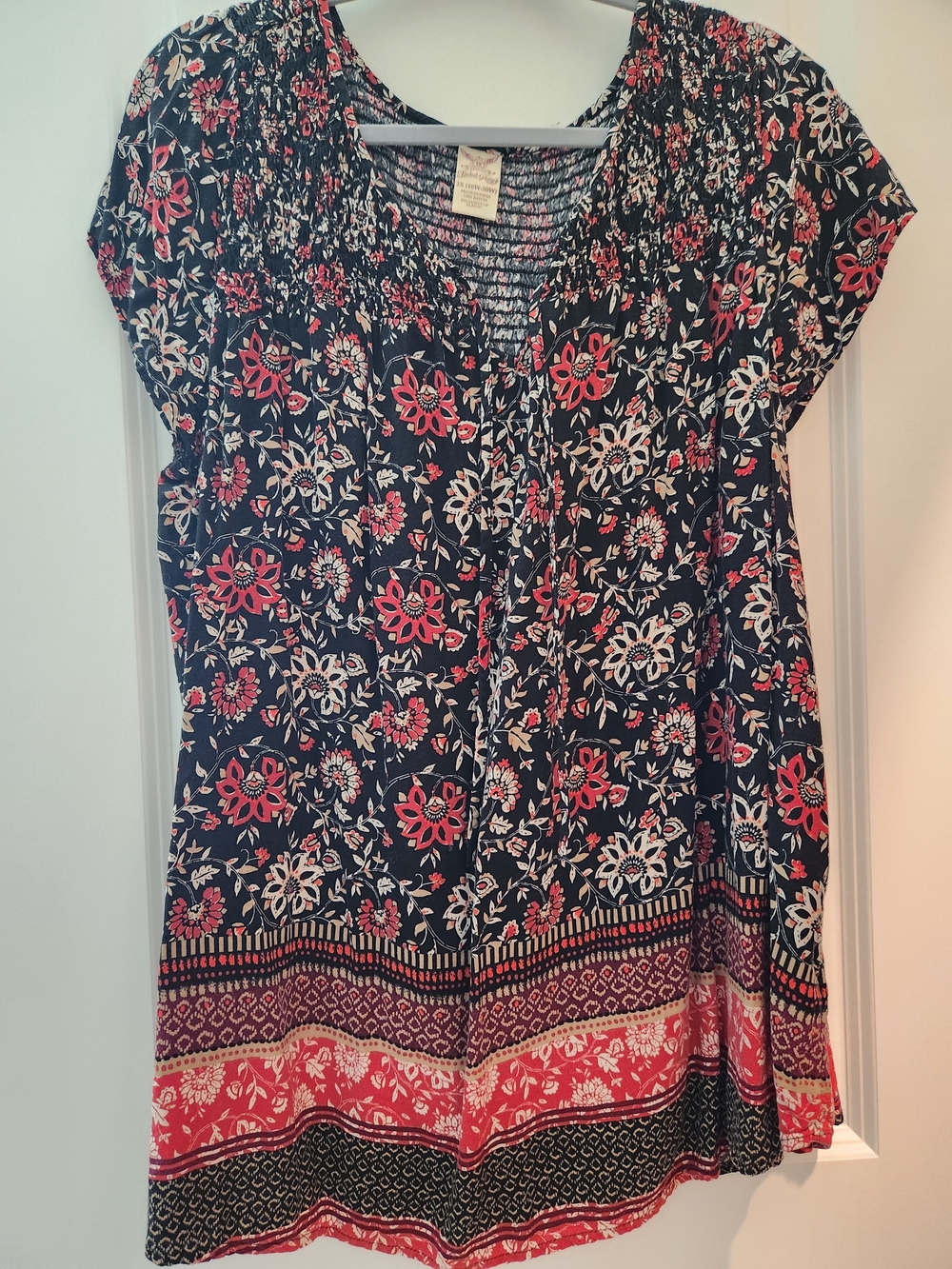 Faded Glory Black Floral Smocked Yoke Top with Red & Cream Accents